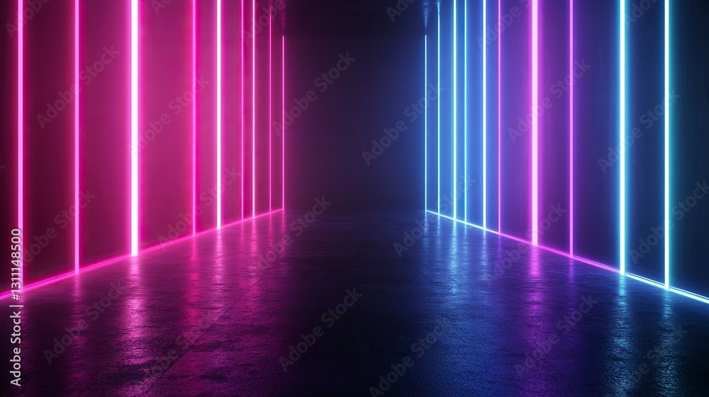 Abstract background with neon lines and glowing elements on a black backdrop, empty space for design, holographic light effect, virtual stage. Vector illustration of laser beams in a dark room. Abstract background with neon lines and glowing elements on a black backdrop, empty space for design, holographic light effect, virtual stage. Vector illustration of laser beams in a dark room.