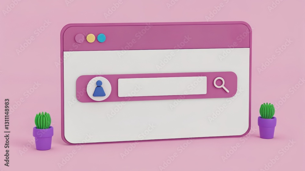3D Render of Colorful Website Interface with Search Bar and Potted Cacti on a Soft Pink Background 3D Render of Colorful Website Interface with Search Bar and Potted Cacti on a Soft Pink Background