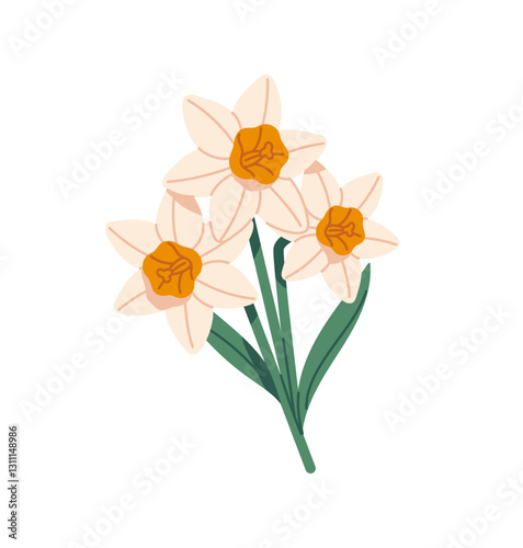 Daffodils branch. Cute wild narcissus flowers with green leaves on stem. Wildflower, blossom meadow plant. Spring flora of garden or field. Flat isolated vector illustration on white background