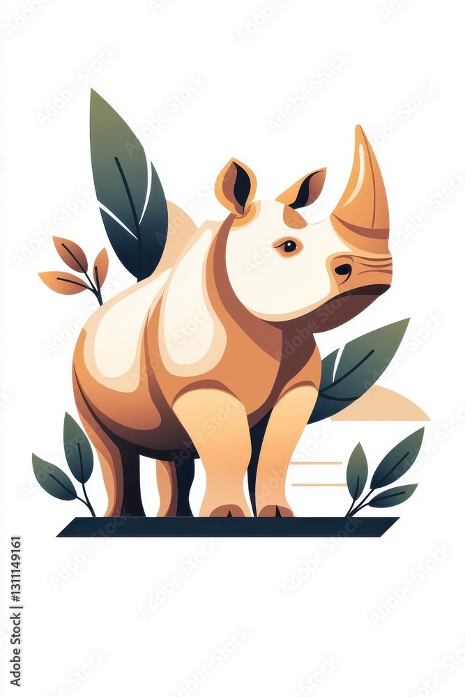 Fototapeta premium A flat style illustrated rhinoceros, isolate on white background, showcasing vibrant colors and artistic flair.