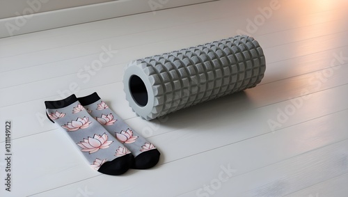 A foam roller placed beside a pair of yoga socks