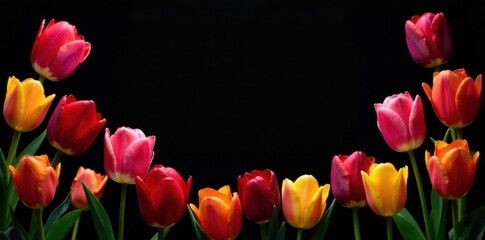 Silhouette of colorful tulips forming a frame against a deep black background , vivid, floral silhouette, floral design