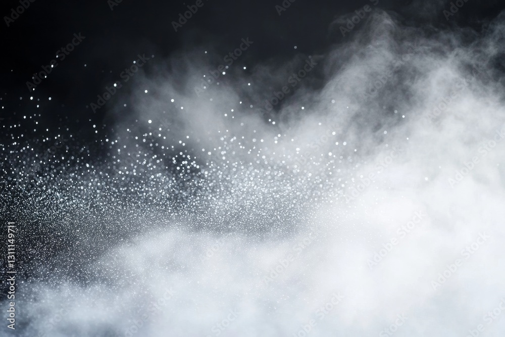 White smoke and particles on black backdrop