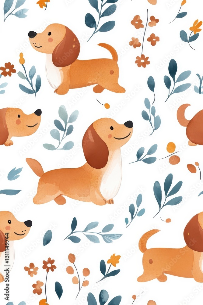 Fototapeta premium A watercolor seamless pattern of Dachshunds, isolate on white background, featuring soft colors and gentle brush strokes.