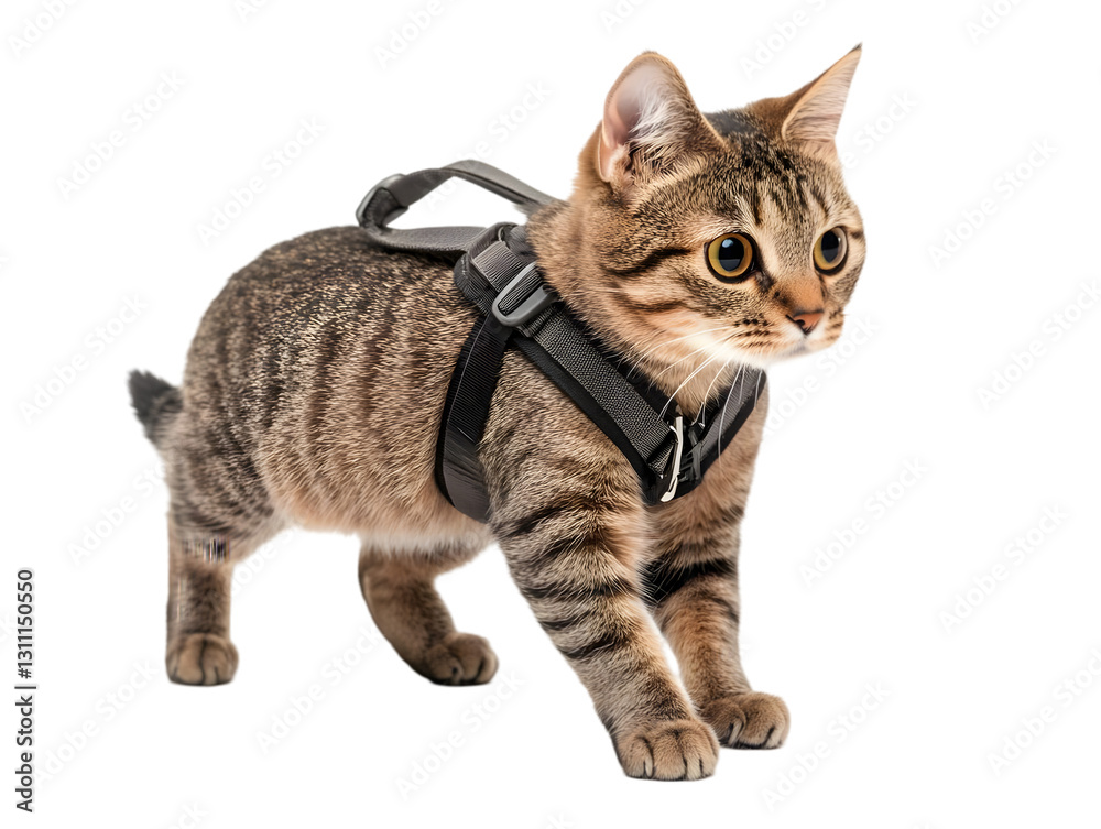 Fototapeta premium A curious cat wearing a harness, exploring its surroundings with a playful attitude and keen interest.