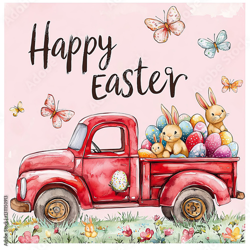 Happy Easter themed red truck with colorful eggs and bunnies in back. pastel pink background features butterflies and flowers, creating cheerful, festive atmosphere