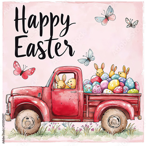 Happy Easter themed red truck filled with colorful eggs and bunnies, surrounded by butterflies and pastel pink background. Perfect for scrapbooking or journaling