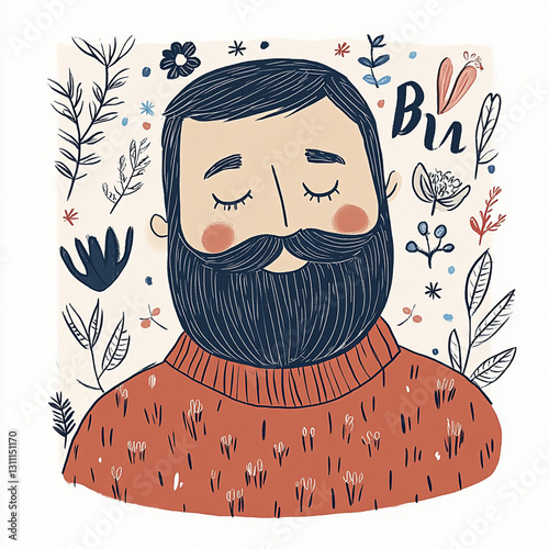 Father day , serene illustration of man with beard, wearing cozy sweater, surrounded by floral elements and whimsical designs. artwork conveys sense of calm and warmth