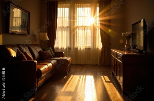 Sunlight streaming through curtains illuminates cozy living room at dusk