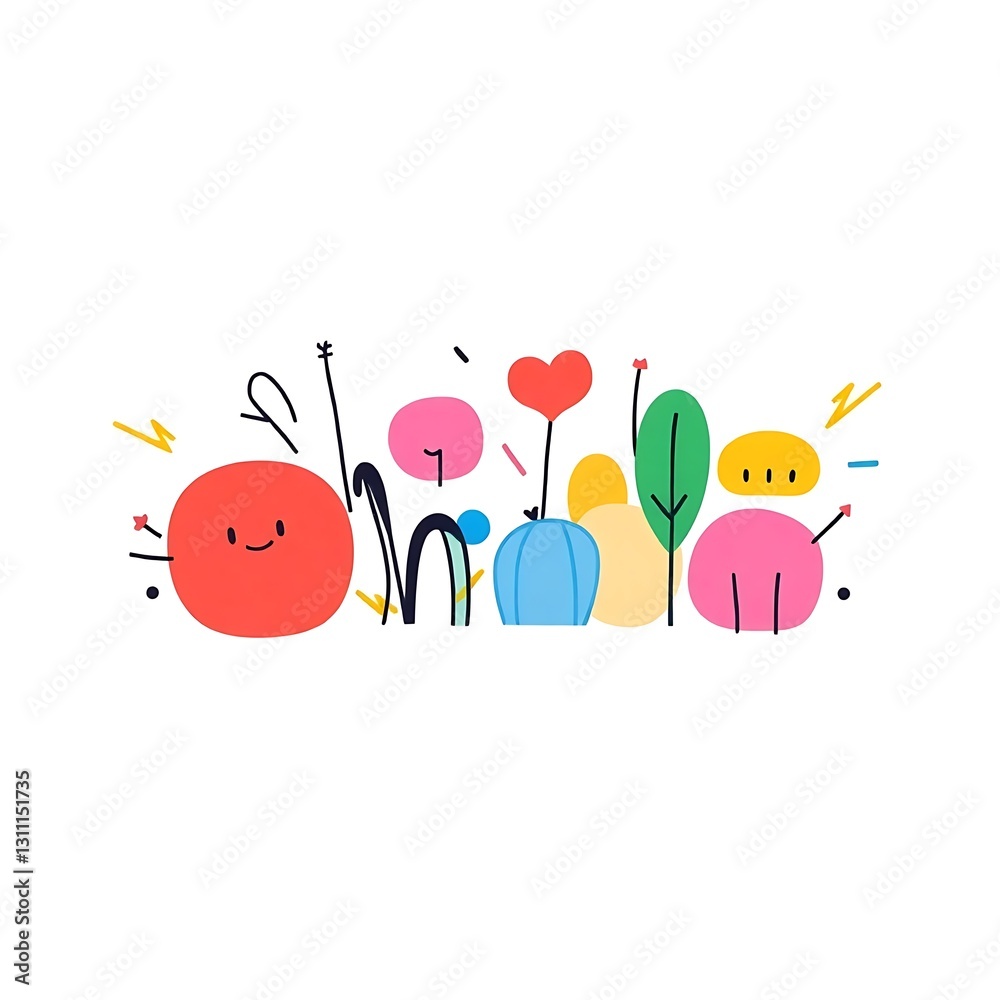 Whimsical Vibrant Graphic Design with Bold Lines and Playful Shapes on White Background