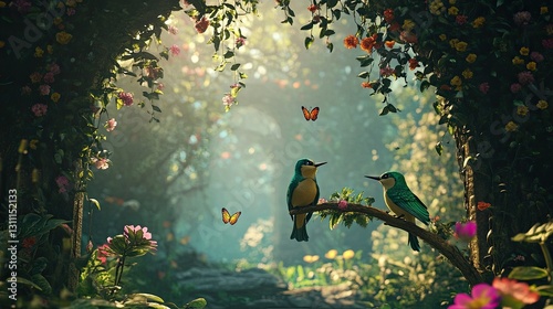 A colorful, beautiful forest with flowers and butterflies in the background