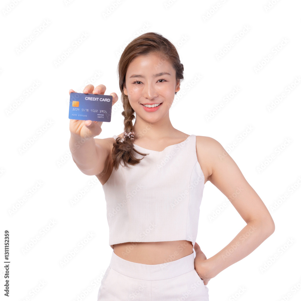 Attractive Asian Woman Holding a Credit Card and Smiling isolated on a transparent background, Ideal for Financial Services, Banking Promotions, Online Payment, and E-Commerce Advertising Attractive Asian Woman Holding a Credit Card and Smiling isolated on a transparent background, Ideal for Financial Services, Banking Promotions, Online Payment, and E-Commerce Advertising
