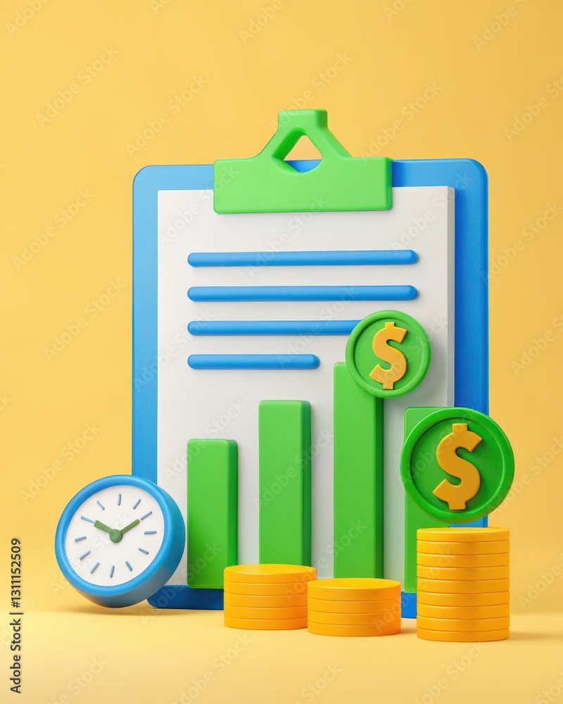 Colorful Growth Chart with Money Coins and Clock Representing Financial Success Concept Colorful Growth Chart with Money Coins and Clock Representing Financial Success Concept