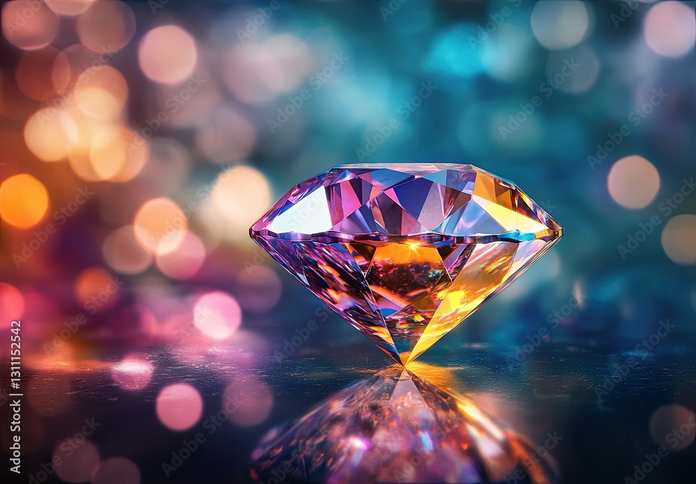 A colorful diamond with holographic reflections, set against an abstract background of blurred lights and colors A colorful diamond with holographic reflections, set against an abstract background of blurred lights and colors
