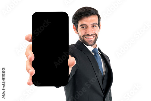 Portrait working business handsome man ware suit showing big smart phone with blank screen , white screen for Mobile App Advertising isolated on a transparent background