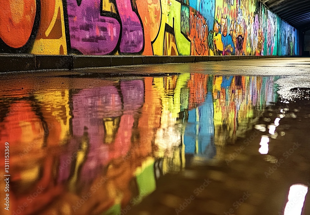 Fototapeta premium A colorful, graffiti-covered tunnel with water reflections, captured in high resolution