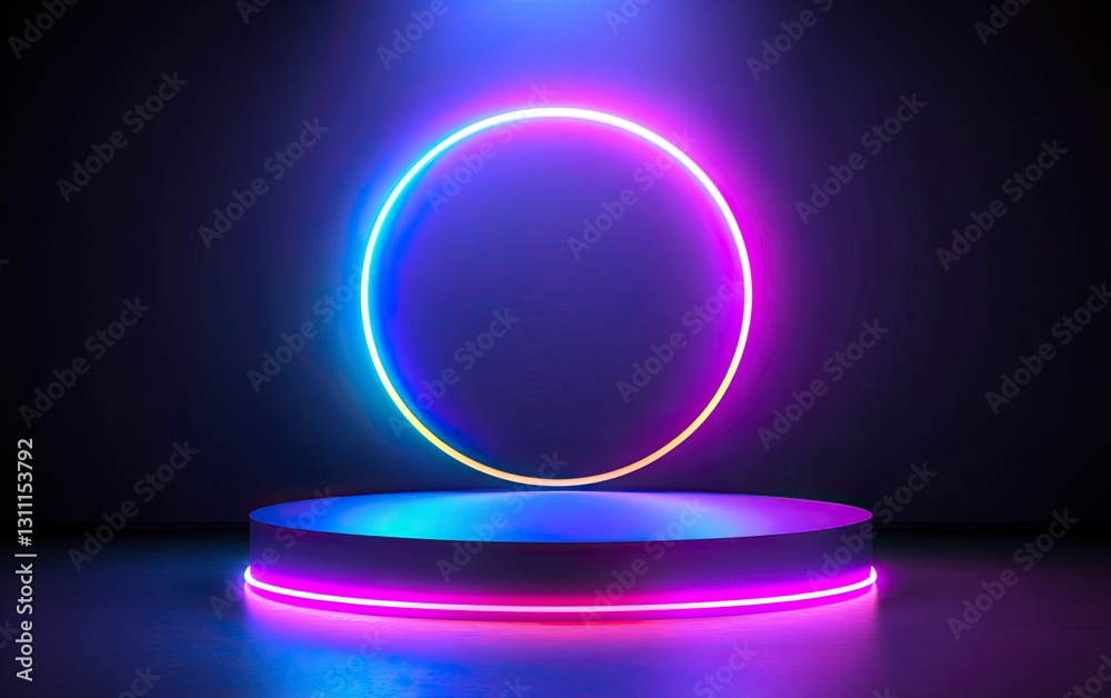 Abstract blue and purple background with an empty podium for product presentation and glowing neon light on a dark background. Vector illustration, the winner of the Valery Brough stock photo contest, Abstract blue and purple background with an empty podium for product presentation and glowing neon light on a dark background. Vector illustration, the winner of the Valery Brough stock photo contest,