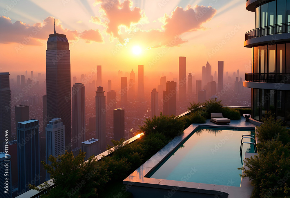 Obraz premium Luxury Rooftop Infinity Pool Overlooking Modern City Skyline at Sunset