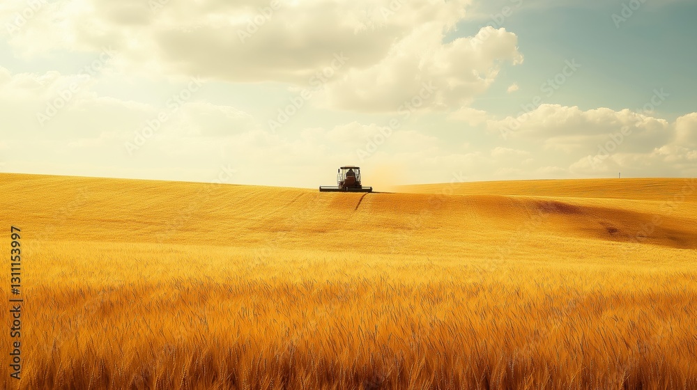 Fototapeta premium Combine harvester working in golden wheat field under blue sky 