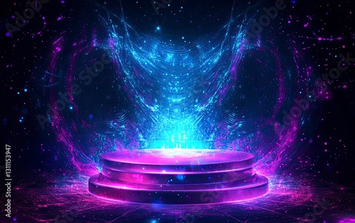 Abstract blue and purple background with an empty podium for product presentation and glowing neon light on a dark background. Vector illustration, the winner of the Valery Brough stock photo contest,