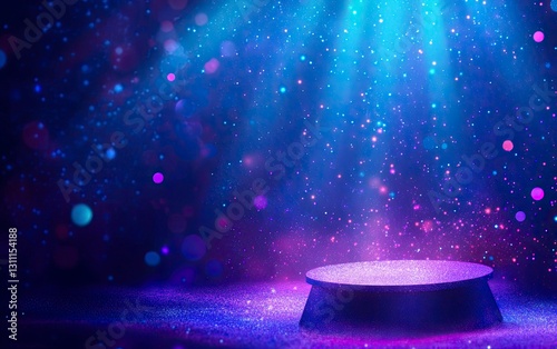 Abstract blue and purple background with an empty podium for product presentation and glowing neon light on a dark background. Vector illustration, the winner of the Valery Brough stock photo contest,