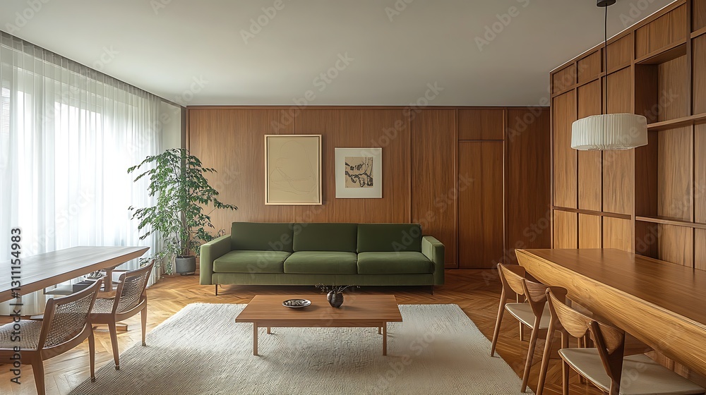 Fototapeta premium Modern Living Room with Green Sofa and Wooden Dining Set, A modern living room with a green sofa, wooden dining table, and chairs