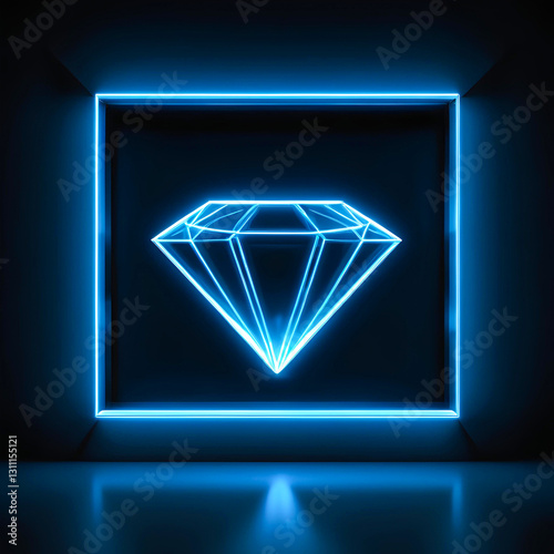 Glowing Neon Diamond Outline in Futuristic Blue Light Frame - Digital Art Wallpaper