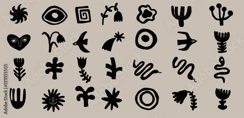 Hand drawn abstract heart, bird, snake figures scandinavian frame bird collection in retro vintage style. Lino cut figure shapes.