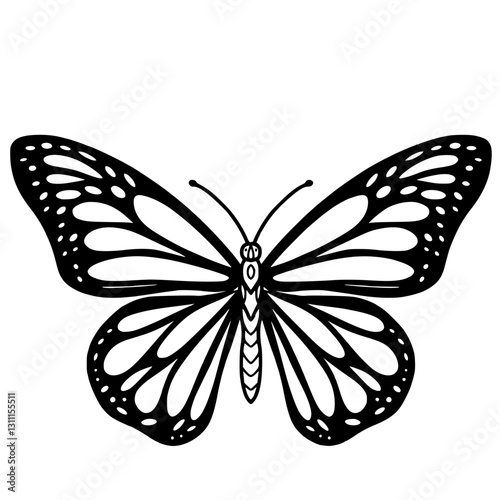 A monarch butterfly happy Halloween concept, black and white hand drawn line art illustration 