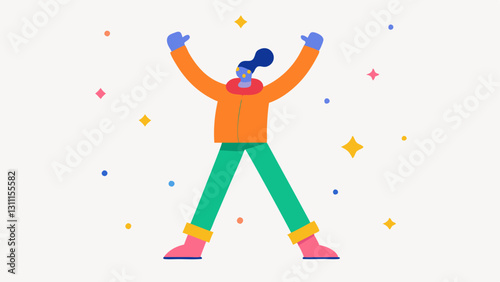 Vector Character in Action Pose An illustrated character with a vibrant colorful outfit standing on one leg with the other leg slightly bent. The character is performing a dramatic