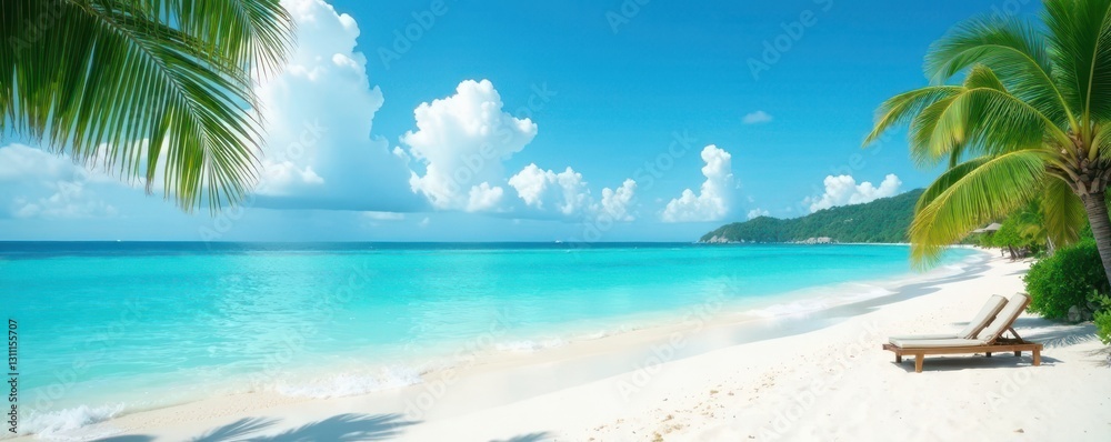 Fototapeta premium Empty desk with vibrant beach scene; turquoise water, white sand, sunny, pen