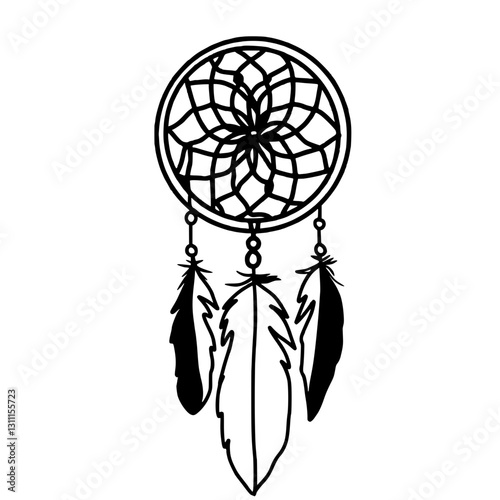 A dream catcher happy Halloween concept, black and white hand drawn line art illustration 