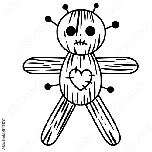 A voodoo doll happy Halloween concept, black and white hand drawn line art illustration 