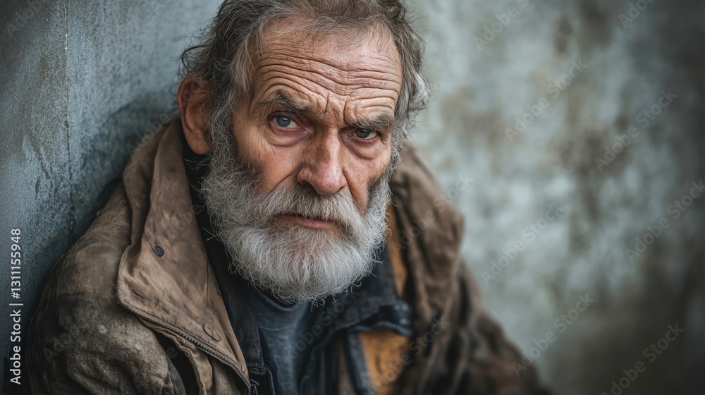 Elderly man with piercing blue eyes and a long white beard, wearing a weathered coat, standing against a rough concrete wall. His gaze reflects hardship, wisdom, and endurance. Ideal for themes of agi Elderly man with piercing blue eyes and a long white beard, wearing a weathered coat, standing against a rough concrete wall. His gaze reflects hardship, wisdom, and endurance. Ideal for themes of agi