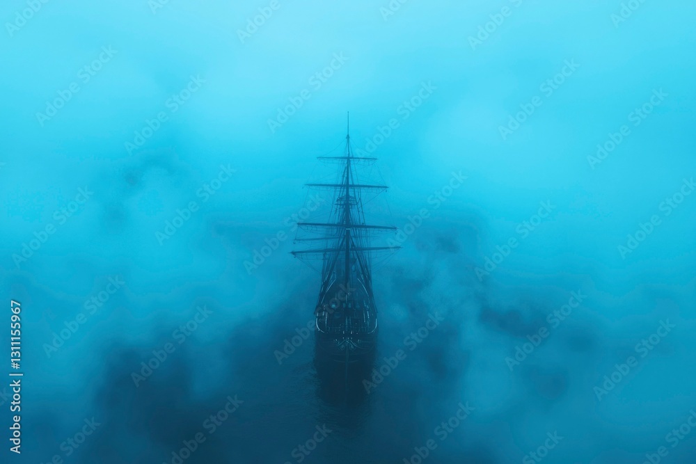 Obraz premium Ghost Ship Sailing Through Foggy Ocean at Night