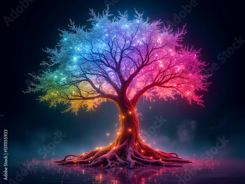 Magical Glowing Fantasy Tree with Vibrant Neon Colors - Enchanted Digital Art