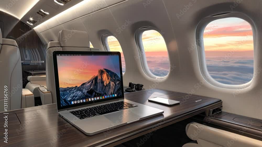 Experience the comfort of a private jet featuring a sleek laptop and breathtaking sunset views over the clouds Experience the comfort of a private jet featuring a sleek laptop and breathtaking sunset views over the clouds