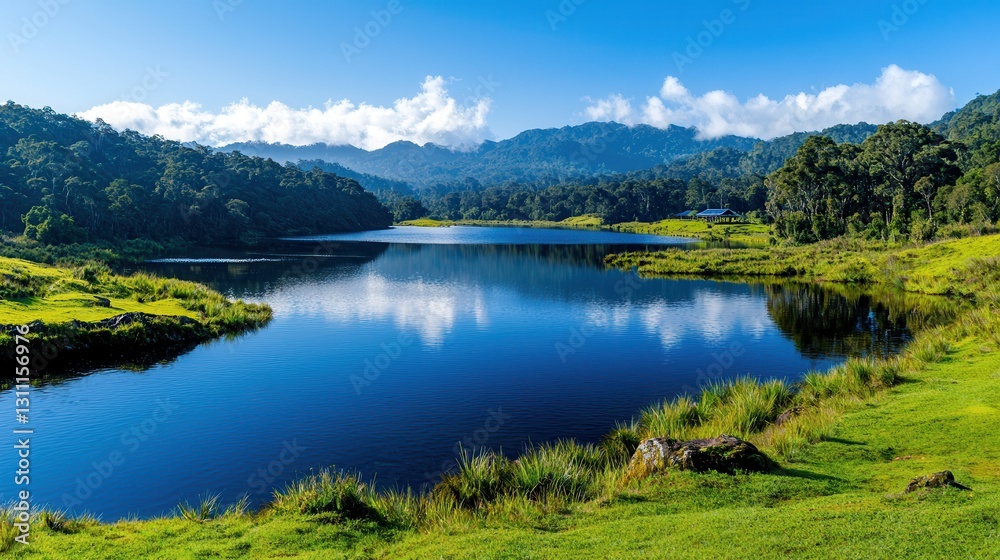 Serene Lake Reflected in Clear Blue Sky Surrounded by Lush Green Forest and Hills Serene Lake Reflected in Clear Blue Sky Surrounded by Lush Green Forest and Hills