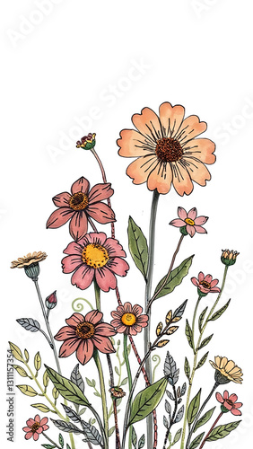 Blooming Bouquet: Watercolor illustration of a colorful bouquet of wildflowers, showcasing a charming aesthetic.
