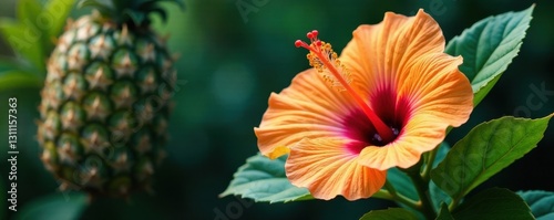 Vibrant hibiscus, mango, pineapple, lush leaves , tropical fruits background, bright, hibiscus