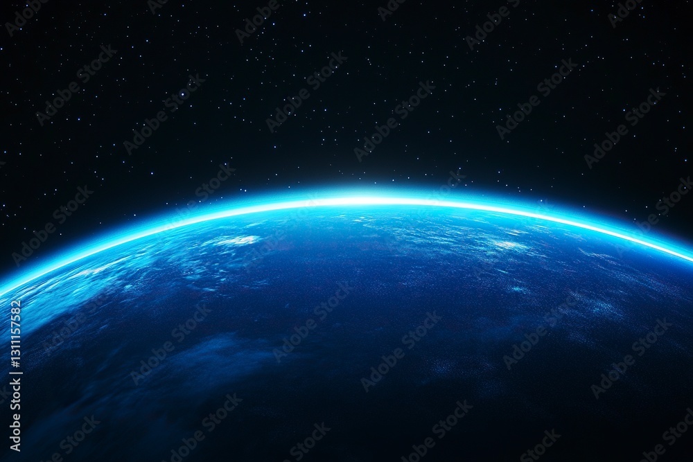 Fototapeta premium Abstract blue glowing light with a gradient from dark to bright on a black background, a planet Earth horizon line, and a space background for design and decoration in space themes,