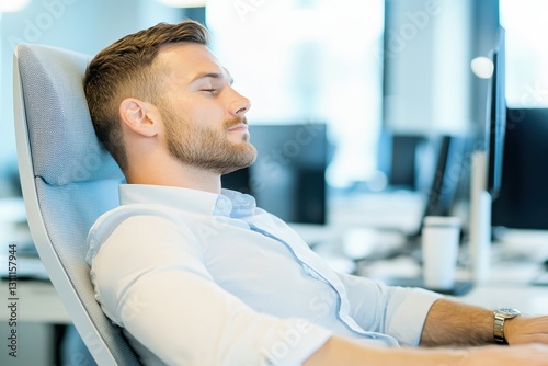 Young Professional Resting In Office Chair At Desk photo