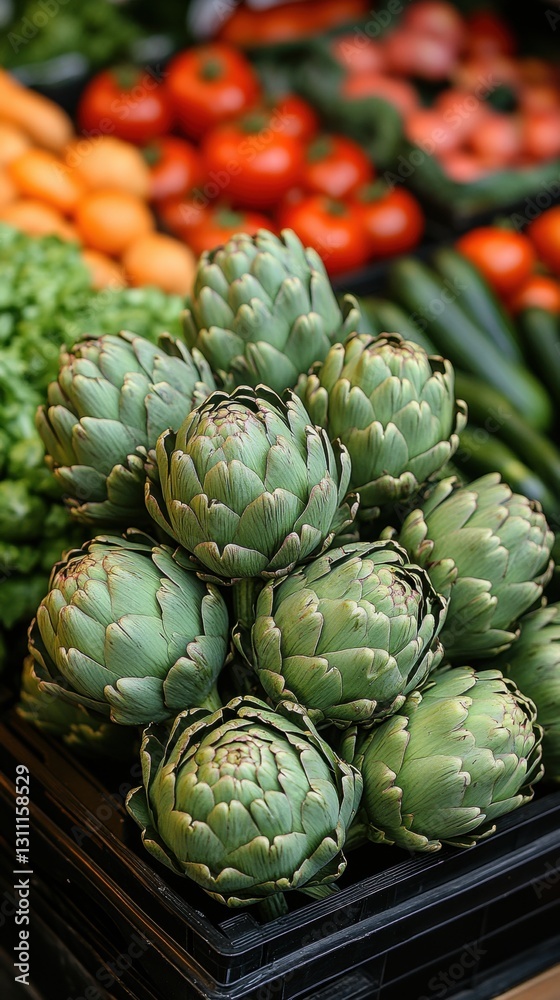 Fototapeta premium Close-up of vibrant green artichoke heads in a lively market filled with colorful vegetables, capturing unique shapes and intricate patterns