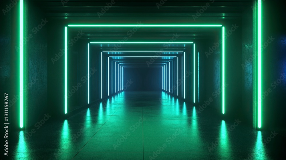 Abstract Dark Room with Green and Blue Neon Lights, Glowing USA on Black Background for Product Display or Big hollow space room in dark neon light blue green background. Futuristic night scene. Abstract Dark Room with Green and Blue Neon Lights, Glowing USA on Black Background for Product Display or Big hollow space room in dark neon light blue green background. Futuristic night scene.