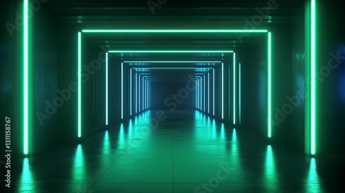 Abstract Dark Room with Green and Blue Neon Lights, Glowing USA on Black Background for Product Display or Big hollow space room in dark neon light blue green background. Futuristic night scene.