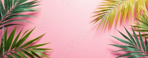 Pastel pink backdrop, lush colorful palm leaves, botanical art Sunny tropical vibe , leaves, scene