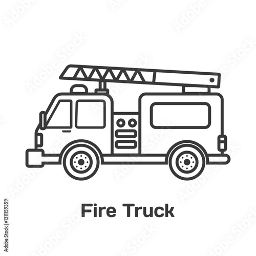 Black and white fire engine in cartoon style for kids. Rescue truck in outline for coloring book