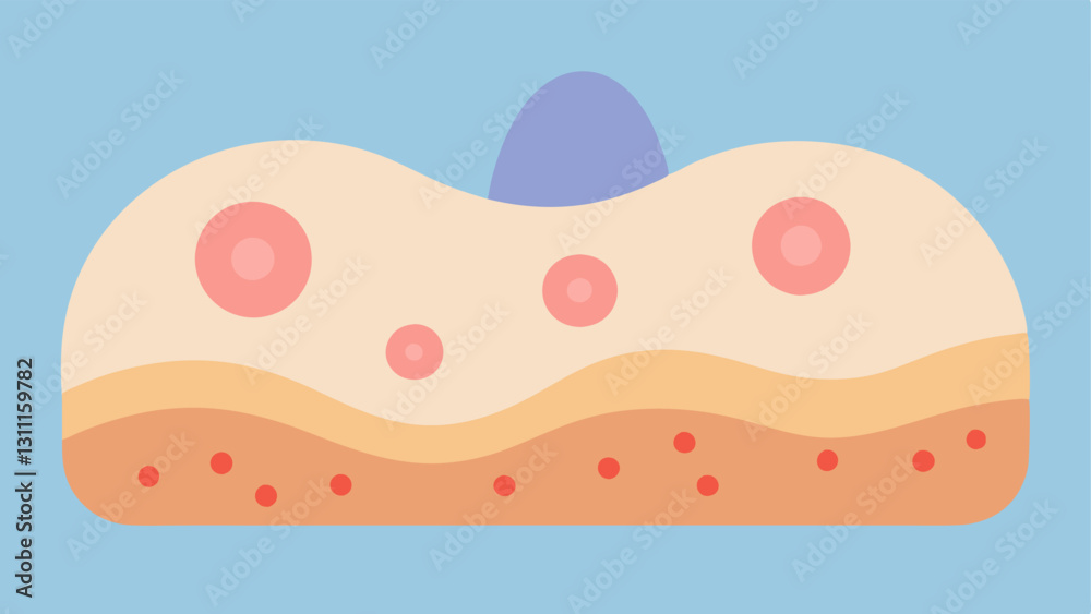 Wound Healing A skin surface illustration with acne scars represented as small uneven areas. Exosomes are shown enveloping the scars indicating their role in the healing process. Wound Healing A skin surface illustration with acne scars represented as small uneven areas. Exosomes are shown enveloping the scars indicating their role in the healing process.