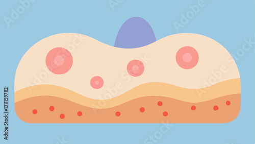 Wound Healing A skin surface illustration with acne scars represented as small uneven areas. Exosomes are shown enveloping the scars indicating their role in the healing process.