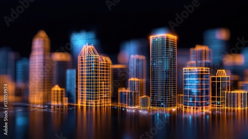 Futuristic City Skyline in Neon Glow with Wireframe Building Design and Modern Aesthetic
